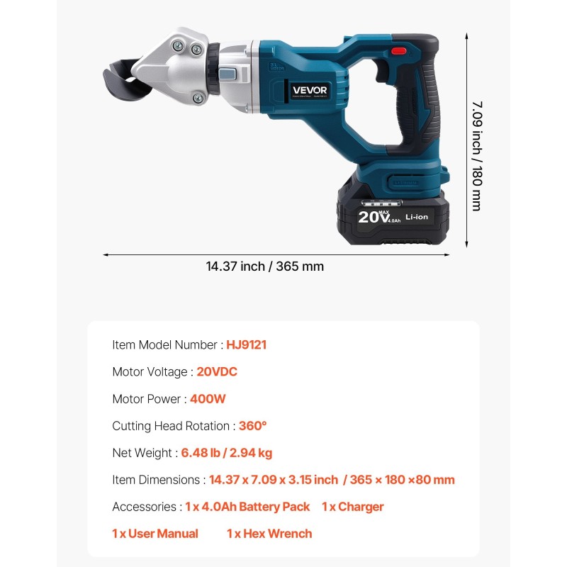 Akkukäyttöinen metallileikkuri 20 V 400 W 360 asteen karkaistut terät