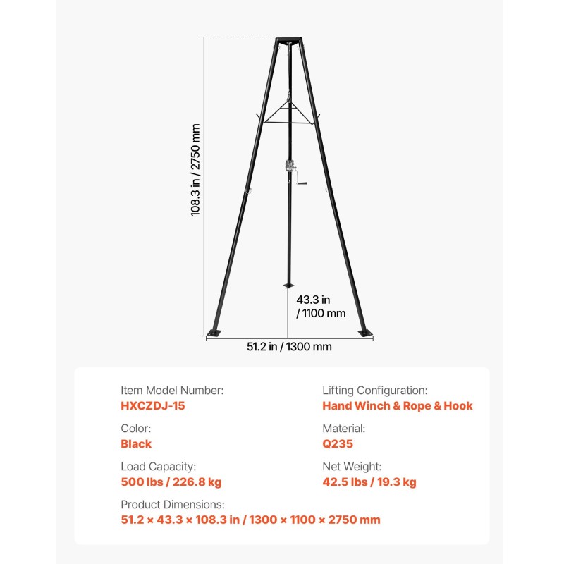 Kolmijalkainen riistanostin Q235-hiiliteräs 226,8 kg kantavuus käsivinssillä