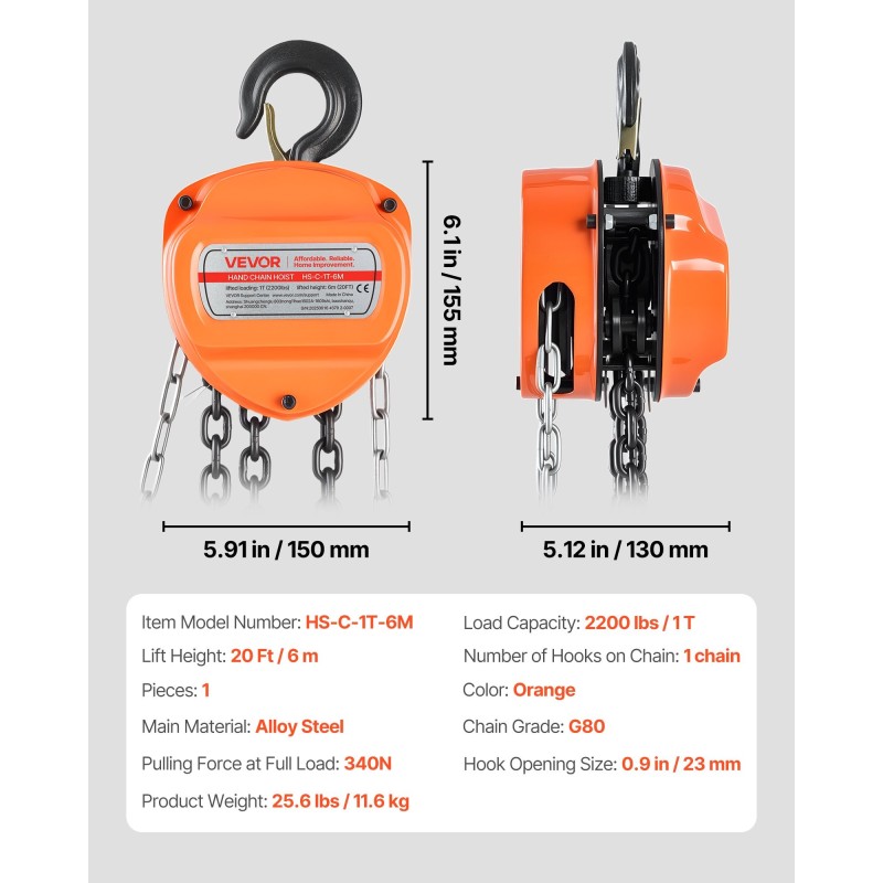 Käsikäyttöinen ketjunostin seosteräksinen 1 t 6 m G80-luokka oranssi