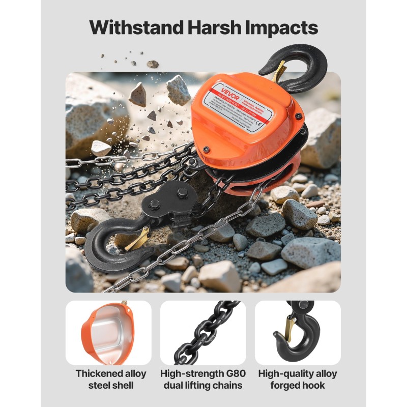 Käsikäyttöinen ketjunostin 3 t 6 m seosteräksinen runko galvanoitu ketju 2 koukkua