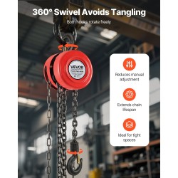 Käsikäyttöinen ketjunostin 1 t 2,44 m seosteräksinen taljapyörä sinkitty G70-ketju kuormakoukut turvasalvoilla