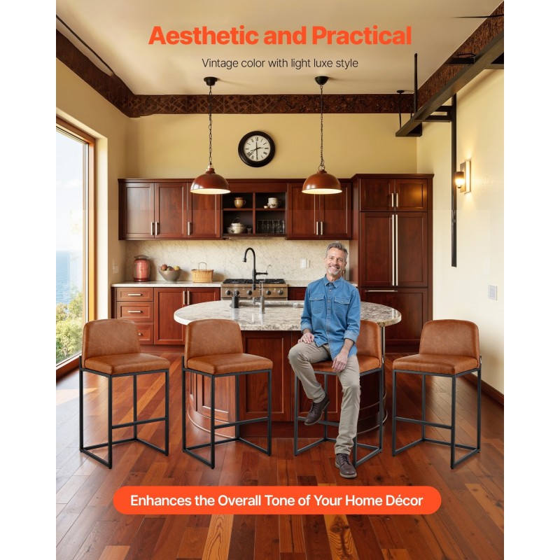 Baarijakkarasetti neljä jakkaraa 68 cm istuinkorkeus ruskea keinonahka metallirunko