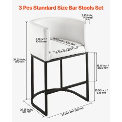 Baarijakkarasetti 3 kpl pehmustettu valkoinen plyysi metallirunko 63 cm puoliksi avoin selkänoja