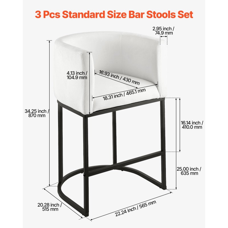 Baarijakkarasetti 3 kpl pehmustettu valkoinen plyysi metallirunko 63 cm puoliksi avoin selkänoja