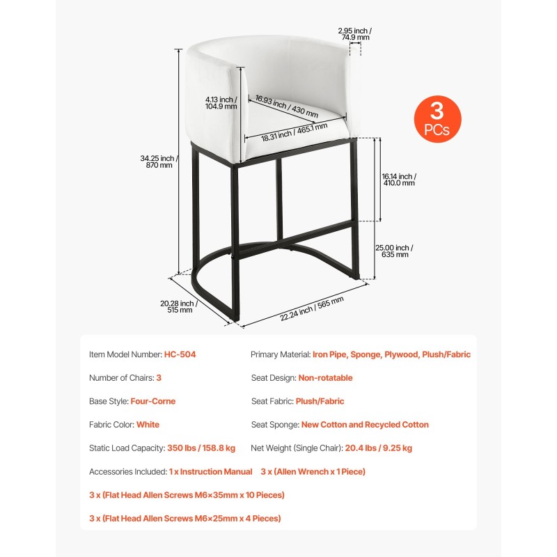 Baarijakkarasetti 3 kpl pehmustettu valkoinen plyysi metallirunko 63 cm puoliksi avoin selkänoja