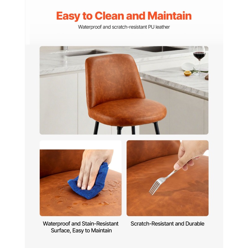 Baarijakkarasetti 2 kpl ruskea PU-nahkaverhoilu 360 asteen kääntyvillä istuimilla metallijaloilla