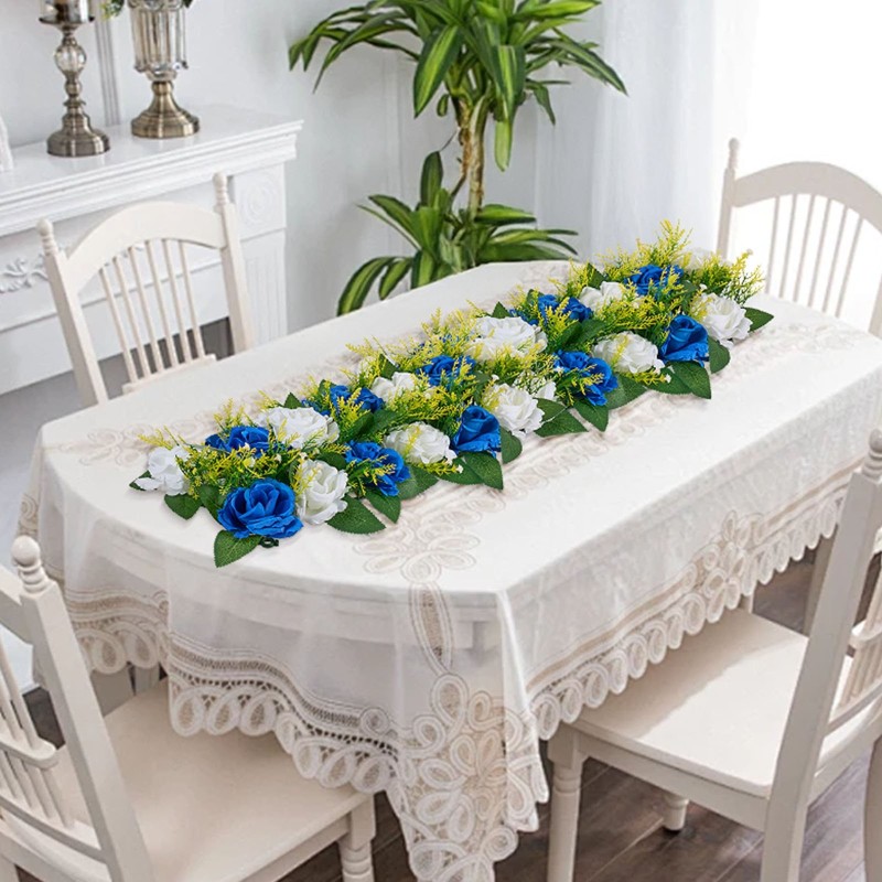 Teko-ruusukukkapallot silkkikankaasta 10 kpl sinivalkoiset pöytäkoristeiksi