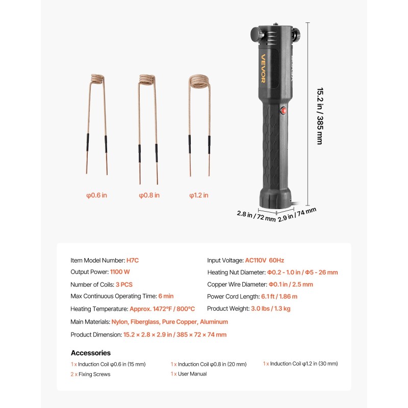 Kädessä pidettävä induktiolämmitin 1100 W 3 käämiä 5–26 mm pulttien irrotukseen