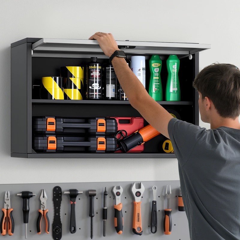 Teräksinen seinäkaappi 770 x 305 x 500 mm lukittava ylös aukeava luukku