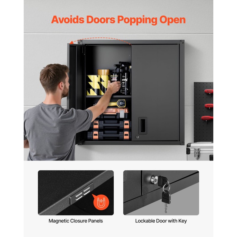 Seinäkaappi kylmävalssattu teräs lukittavat ovet säädettävä hylly musta