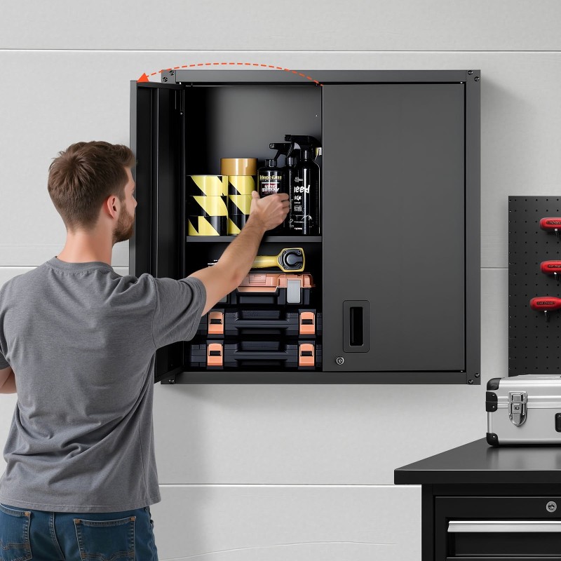 Seinäkaappi kylmävalssattu teräs lukittavat ovet säädettävä hylly musta