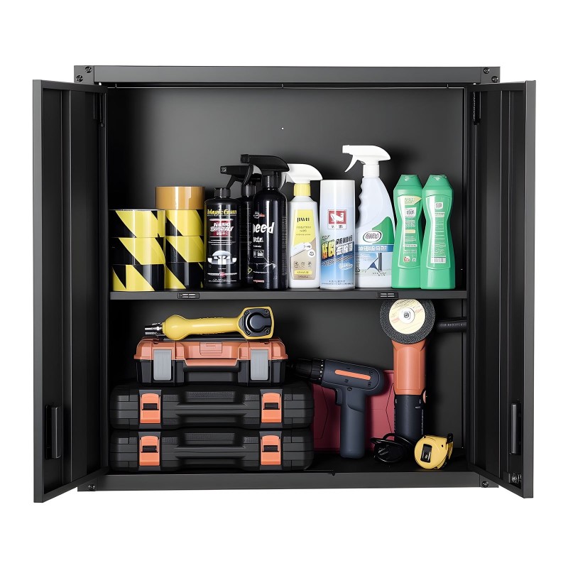 Seinäkaappi kylmävalssattu teräs lukittavat ovet säädettävä hylly musta