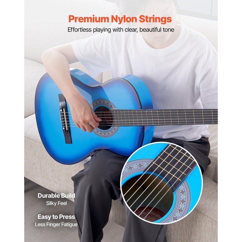 Klassinen kitara 38 tuumaa nailonkielet lehmus ja leppävaahtera sininen aloituspakkaus