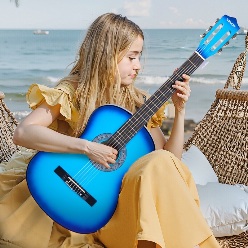 Klassinen kitara 38 tuumaa nailonkielet lehmus ja leppävaahtera sininen aloituspakkaus