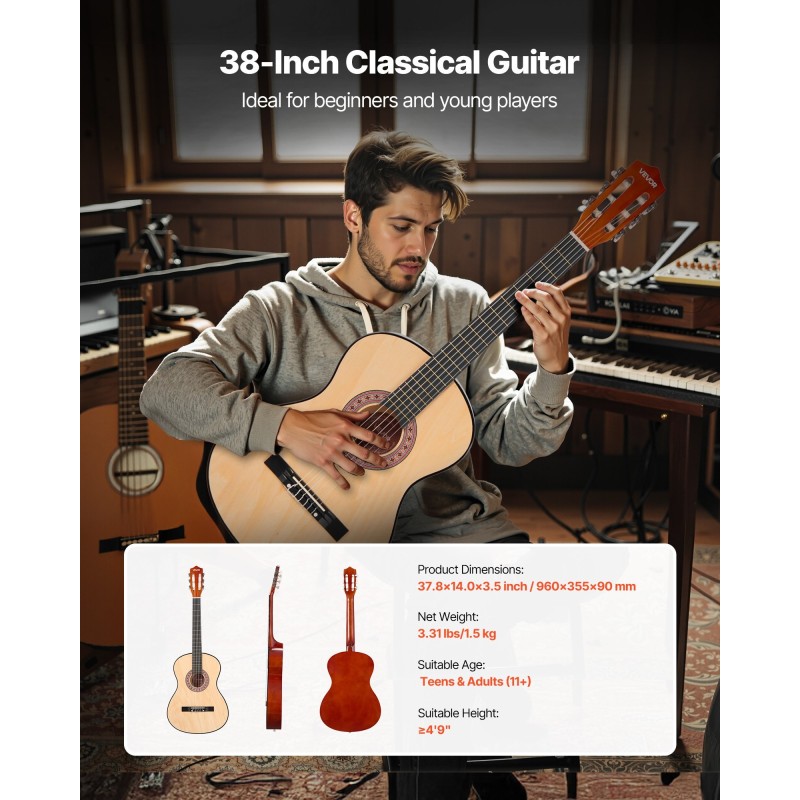 Klassinen kitara 38 tuumaa lehmus ja vaahtera nailonkielet aloittelijoille aloituspakkaus