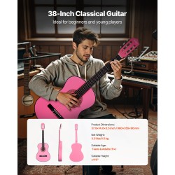Klassinen 38-tuumainen kitara nylonkielinen lehmus- ja vaahterarunkoinen vaaleanpunainen aloituspaketti