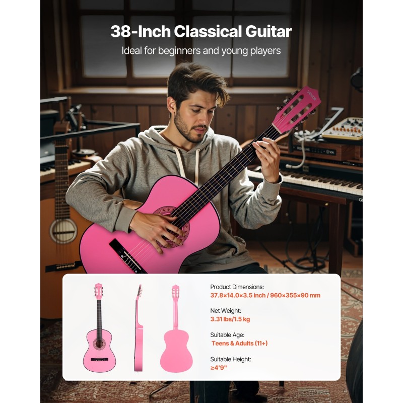 Klassinen 38-tuumainen kitara nylonkielinen lehmus- ja vaahterarunkoinen vaaleanpunainen aloituspaketti