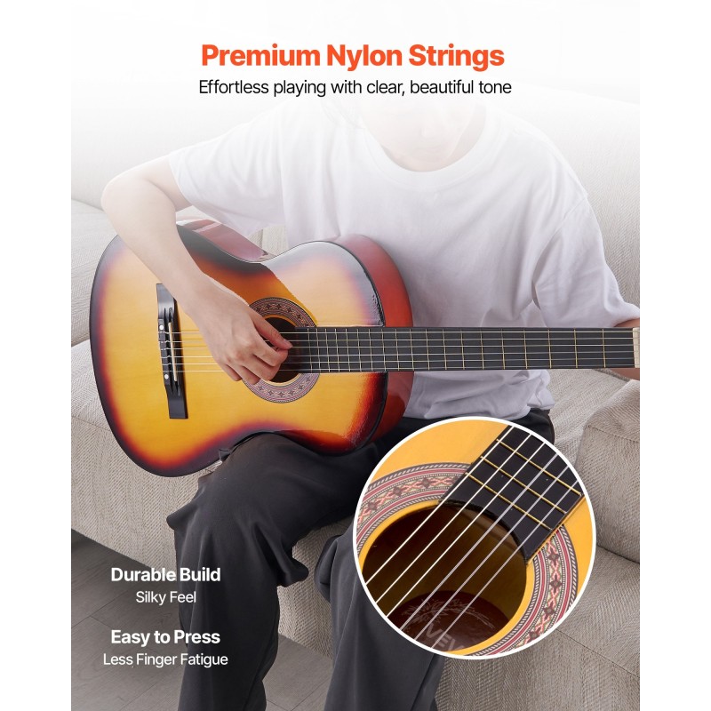 Klassinen 38-tuumainen kitara nailonkielillä lehmus ja vaahterarunko aurinkosävy aloituspakkaus