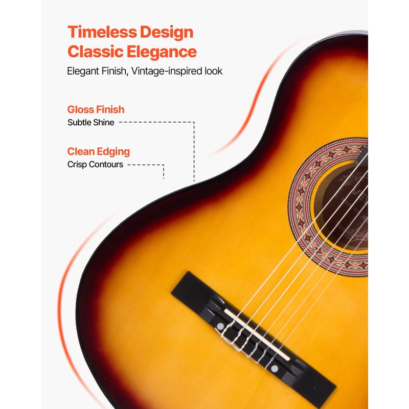 Klassinen 38-tuumainen kitara nailonkielillä lehmus ja vaahterarunko aurinkosävy aloituspakkaus