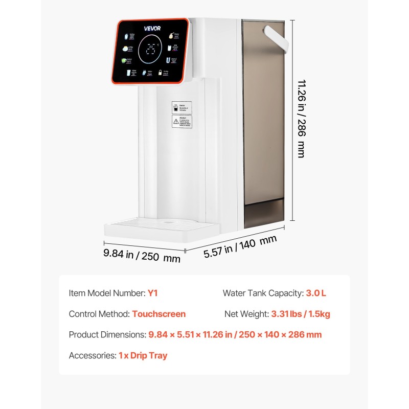 Kuumavesiautomaatti työtasolle ruostumatonta terästä kolmen litran säiliöllä kosketusnäytöllä lapsilukolla