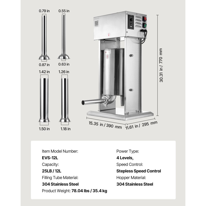 Sähköinen pystymallinen makkararuisku 12 l 304-ruostumaton teräs jalkapoljin portaaton nopeudensäätö