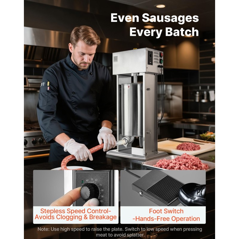 Sähkökäyttöinen pystymallinen 15 litran makkarantekijä ruostumattomasta teräksestä portaattomasti säädettävä nopeus ja