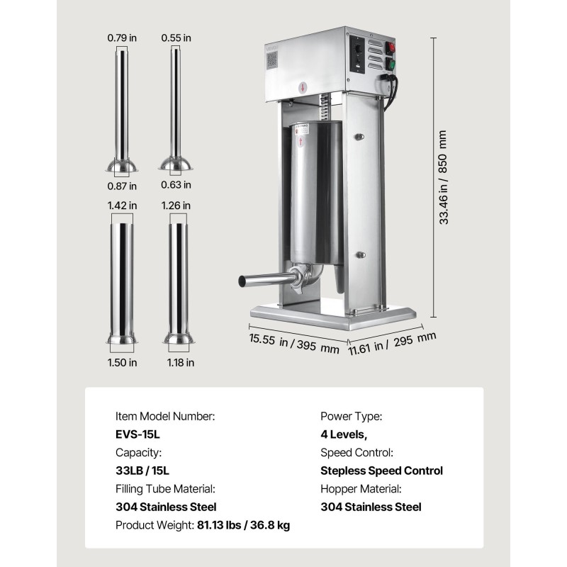 Sähkökäyttöinen pystymallinen 15 litran makkarantekijä ruostumattomasta teräksestä portaattomasti säädettävä nopeus ja