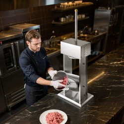 Sähkökäyttöinen pystymallinen 15 litran makkarantekijä ruostumattomasta teräksestä portaattomasti säädettävä nopeus ja