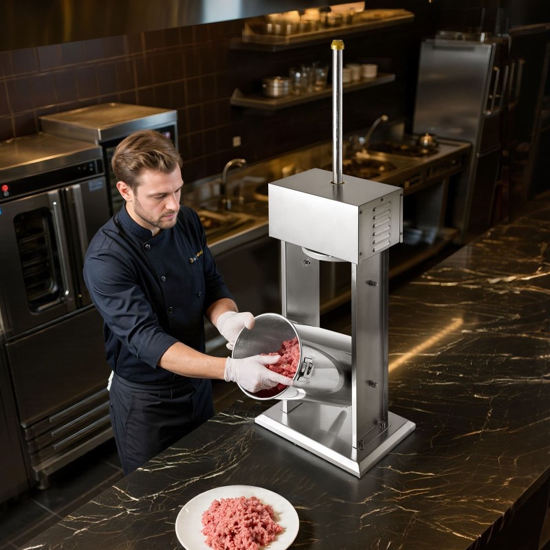 Sähkökäyttöinen pystymallinen 15 litran makkarantekijä ruostumattomasta teräksestä portaattomasti säädettävä nopeus ja