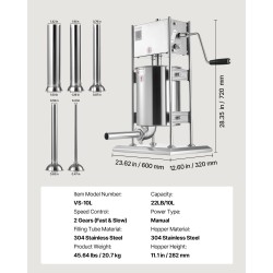 Manuaalinen pystymallinen makkaratäytin 10 L 304-ruostumaton teräs kaksinopeuksinen 5 täyttöputkea