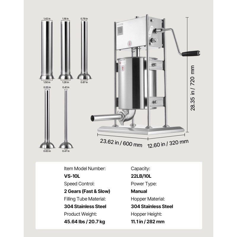 Manuaalinen pystymallinen makkaratäytin 10 L 304-ruostumaton teräs kaksinopeuksinen 5 täyttöputkea