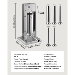 Pystymallinen manuaalinen makkararuisku viisi litraa ruostumatonta terästä kaksinopeuksinen viisi täyttöputkea