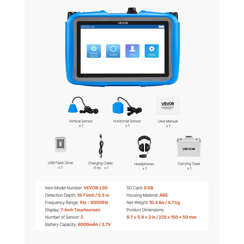 Putkivuodon paikannuslaite sisätiloihin kaksi sensoria seitsemän tuuman näyttö