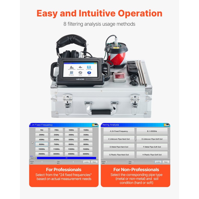 Putkiston vuototunnistin 1–5000 hertsi 2 metrin havaitsemissyvyys 7 tuuman kosketusnäyttö
