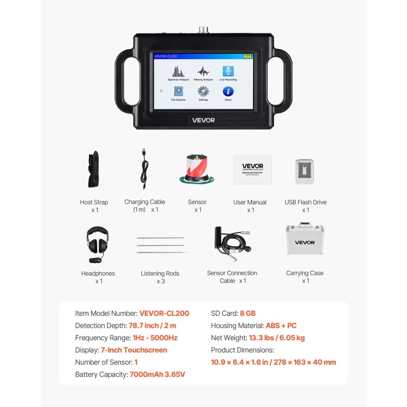 Putkiston vuototunnistin 1–5000 hertsi 2 metrin havaitsemissyvyys 7 tuuman kosketusnäyttö