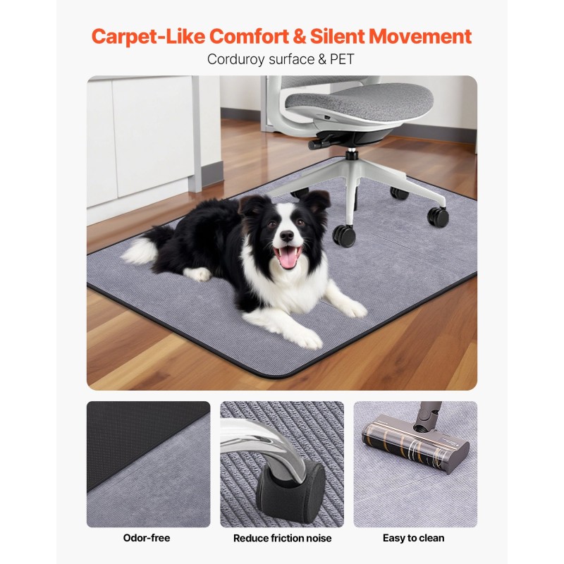 Suuri suorakulmainen lattiasuoja koville lattioille vakosamettipinnalla 122,5 cm x 91,5 cm harmaa