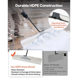 Lumilapio 122-senttinen leveä muoviterä metallireunalla ergonomisella varrella