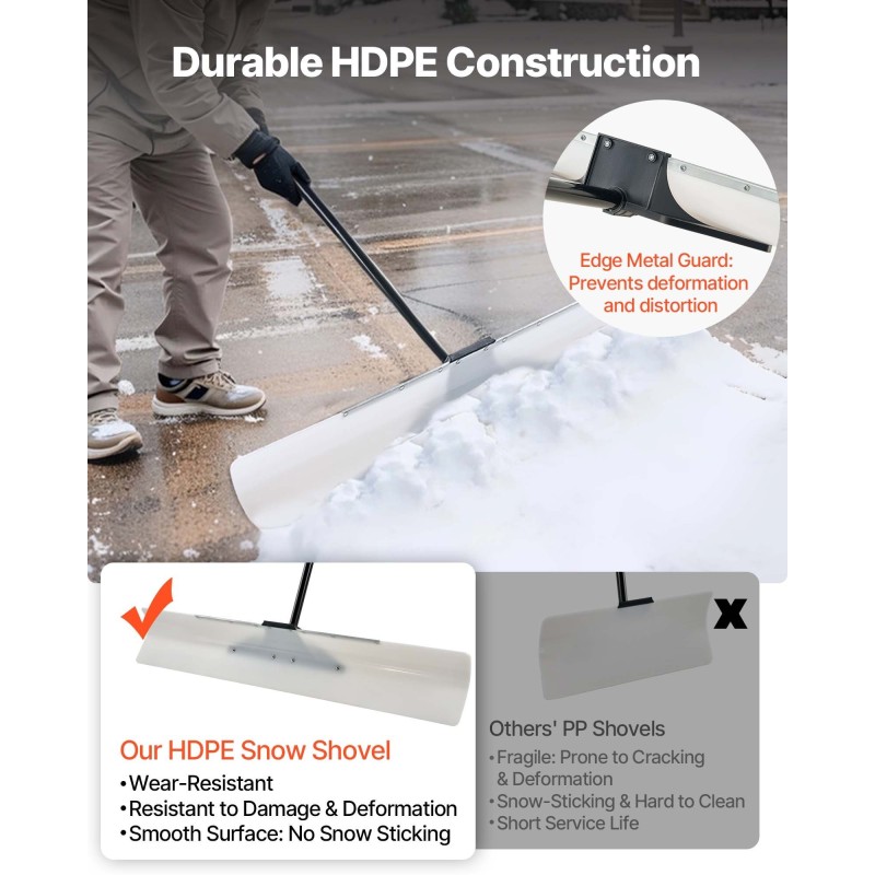 Lumilapio 122-senttinen leveä muoviterä metallireunalla ergonomisella varrella