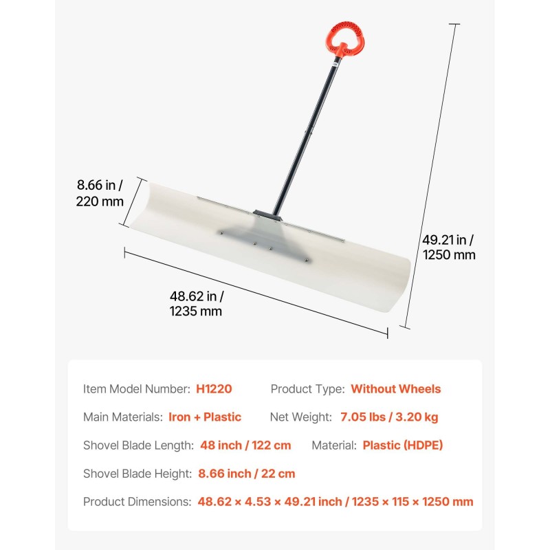 Lumilapio 122-senttinen leveä muoviterä metallireunalla ergonomisella varrella