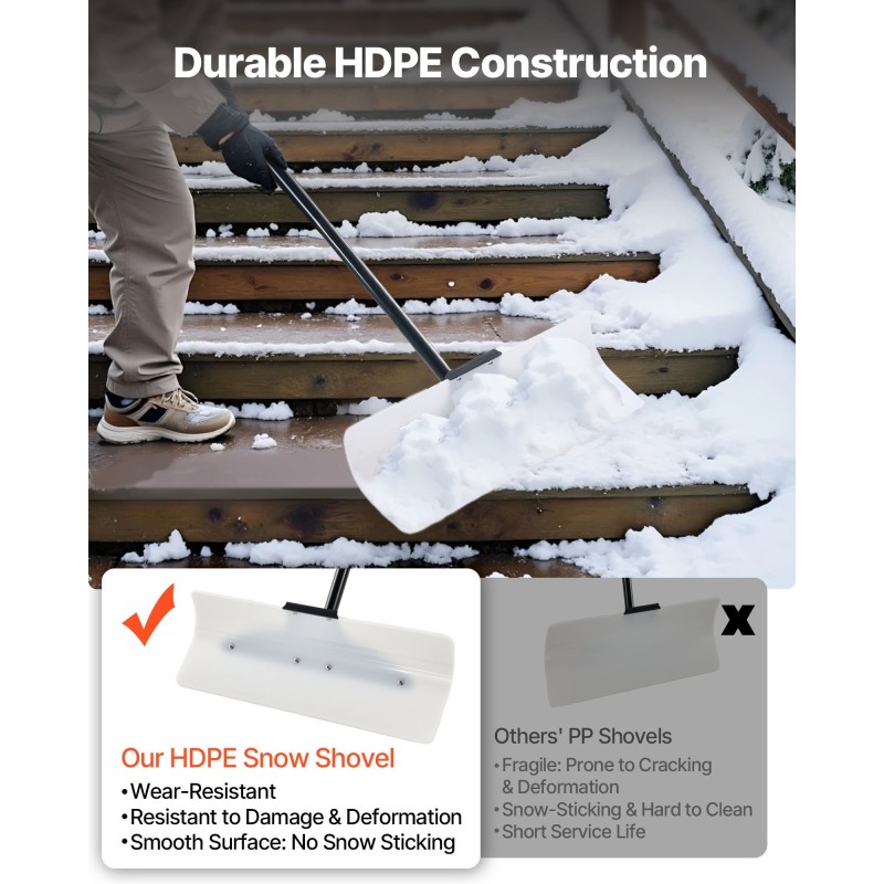 Lumentyöntölapio 61 cm leveällä muovilavalla irrotettavalla varrella ergonomisella liukuestekahvalla