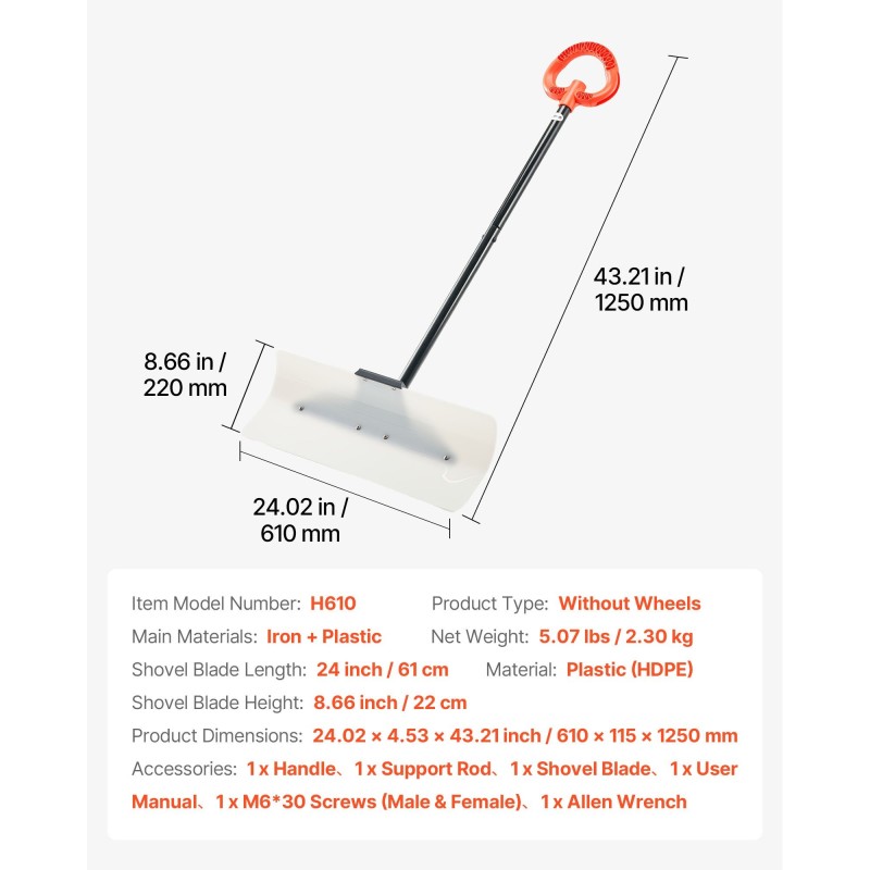 Lumentyöntölapio 61 cm leveällä muovilavalla irrotettavalla varrella ergonomisella liukuestekahvalla