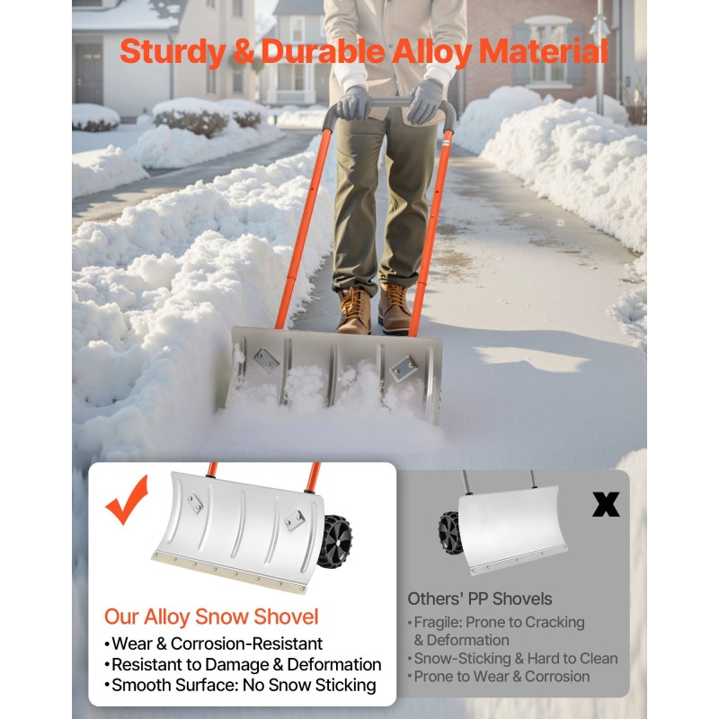 Metallinen lumilapio pyörillä alumiiniterä 61 cm säädettävä varsi 114–143 cm