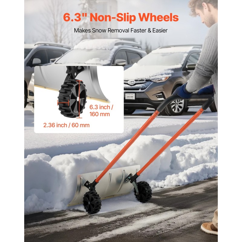 Metallinen lumilapio pyörillä alumiiniterä 61 cm säädettävä varsi 114–143 cm