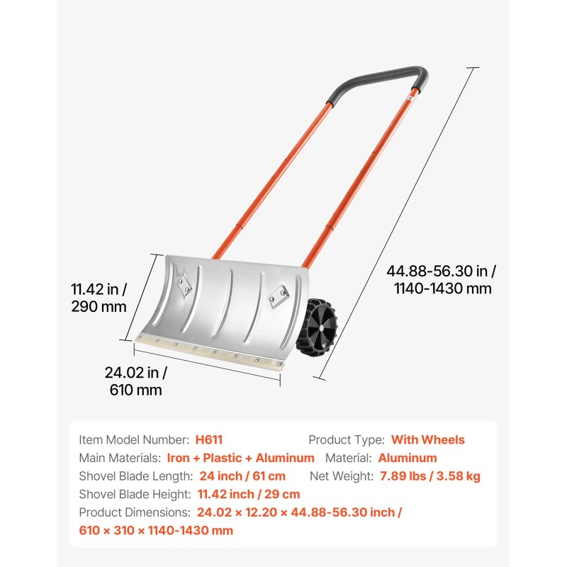 Metallinen lumilapio pyörillä alumiiniterä 61 cm säädettävä varsi 114–143 cm