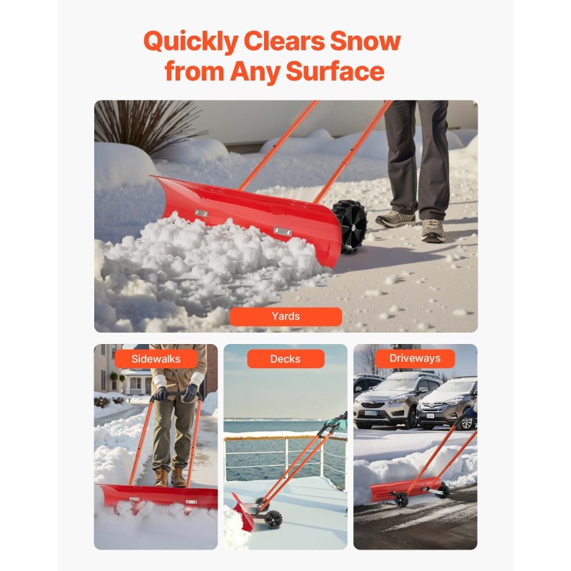 Pyörillä varustettu lumilapio 96 cm kestävä muoviterä säädettävä U-kahva pihoille