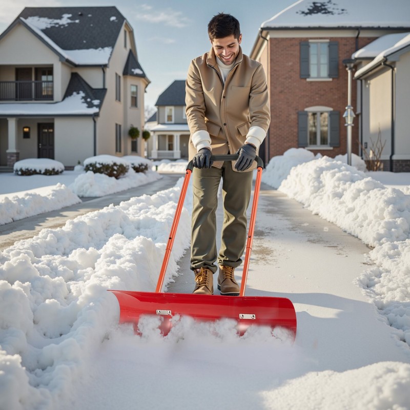 Pyörillä varustettu lumilapio 96 cm kestävä muoviterä säädettävä U-kahva pihoille