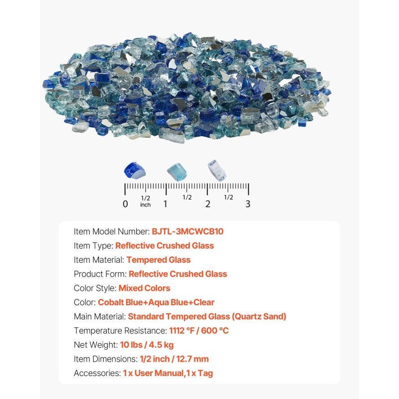 Murskattu karkaistu tulilasi 12,7 mm 4,5 kg takkaan sekavärinen
