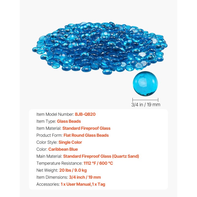 Litteät pyöreät lasihelmet kvartsihiekasta 19 mm 9 kg karibian sininen tulisijoihin