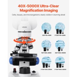 Kolmiputkinen mikroskooppi alumiiniseosrunko 40–5000-kertainen LED-valaistus 1,5 megapikselin elektroninen okulaari
