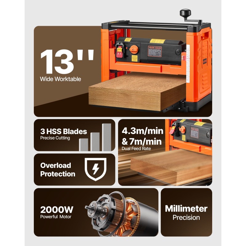 Penkkimallinen paksuushöylä 330 mm työleveys 2000 W kolmiteräinen kaksoissyöttötelat